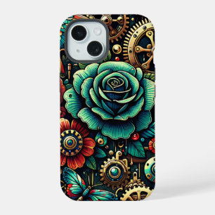 Schöne Steampunk-Themenzahnräder und Rosen iPhone 15 Hülle