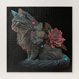 Schöne Steampunkatze mit rosa Blume Puzzle