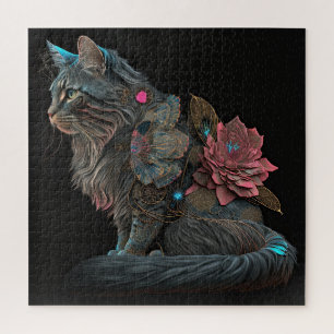 Schöne Steampunkatze mit rosa Blume Puzzle