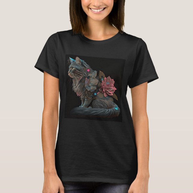 Schöne Steampunkatze mit rosa Blume T-Shirt (Vorderseite)