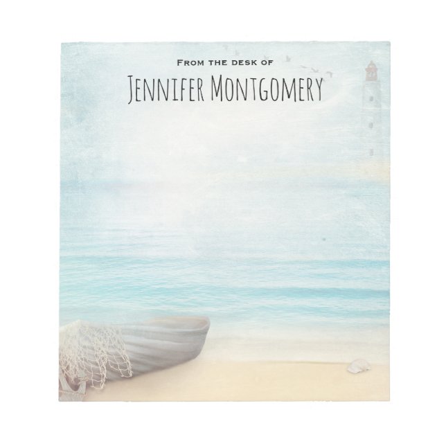 Schöne Strandlandschaft mit Boat & Lighthouse Notizblock (Vorderseite)