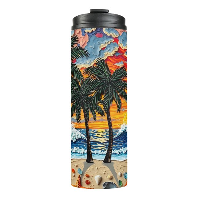 Schöne Strandszene mit Palmen   Thermosbecher (Vorderseite)