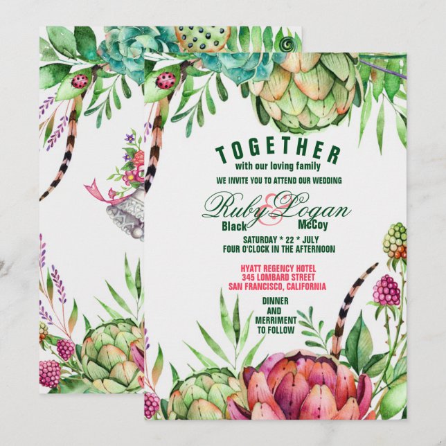 Schöne Sukkulente Einladung Hochzeit (Vorne/Hinten)