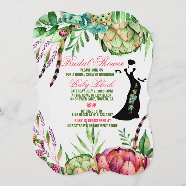 Schöne Sukkuline Hochzeitkarte für Brautparty Einladung (Vorne/Hinten)