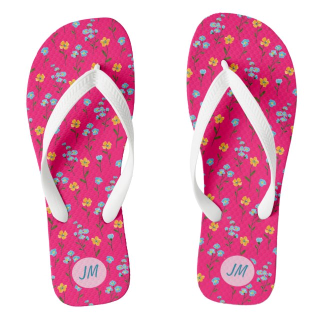 Schöne Summerblumen Rosa Gelb Blau + Monogramm Flip Flops (Fußbett)