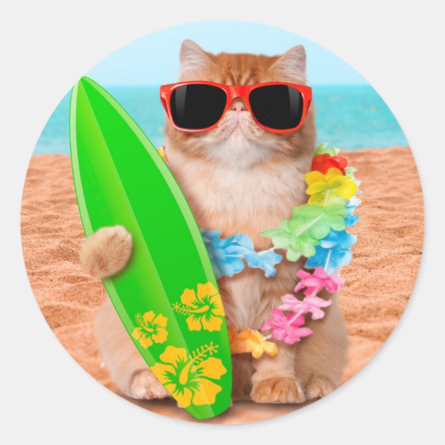 Schöne Surfer Katze am Strand Runder Aufkleber (Vorderseite)