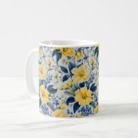 Schöne Tasse aus Gelb und Blumen