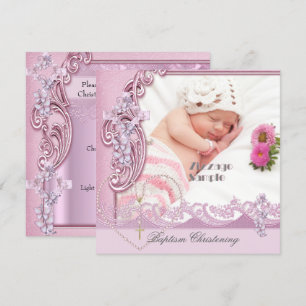 Schöne Taufe Pink Mädchen Foto Schmetterling Spitz Einladung