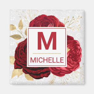 Schöne tiefrote und goldene Blumenmonogramm Magnet