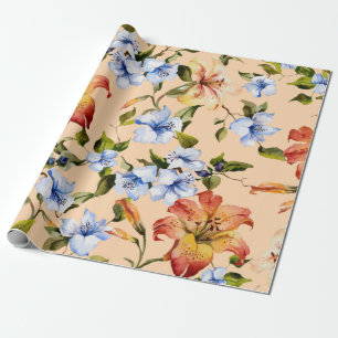 Schöne Tigerlilien und kleine blaue Blumen auf Geschenkpapier