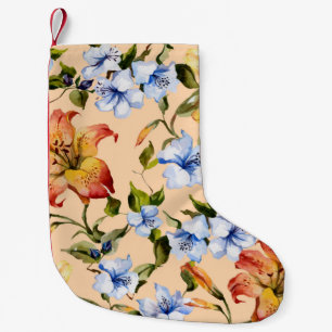 Schöne Tigerlilien und kleine blaue Blumen auf Kleiner Weihnachtsstrumpf