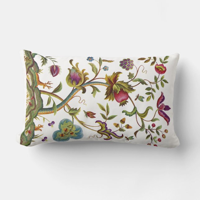 Schöne traditionelle Jacobohnen Crewel Stickerei Lendenkissen (Vorderseite)