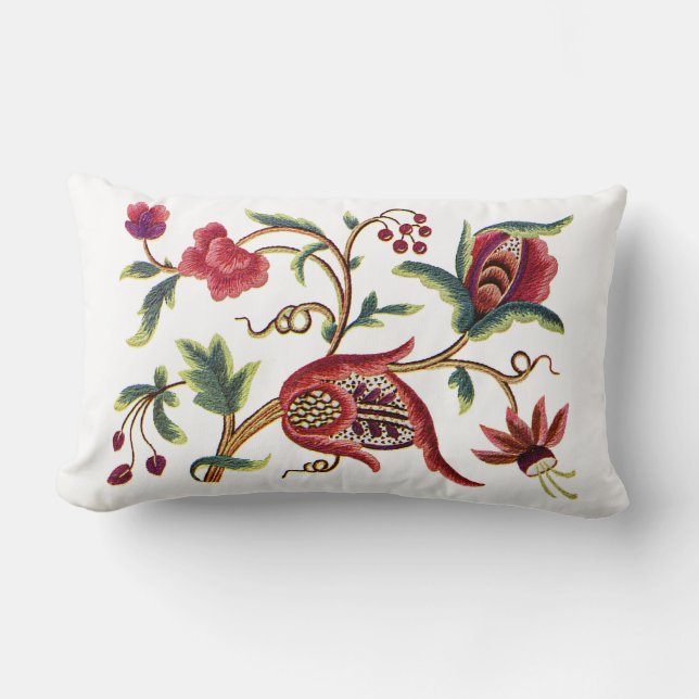 Schöne traditionelle Jacobohnen Crewel Stickerei Lendenkissen (Vorderseite)