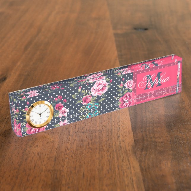 Schöne trendige, mädchenhaft Vintage Monogramm-Ros Namensplakette (Seite)