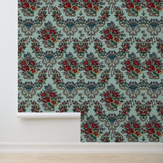 Schöne trendy Blume Blätter Blue Pink Green Tapete