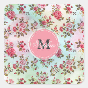 Schöne trendy girly Vintage Monogramm-Rosen Quadratischer Aufkleber