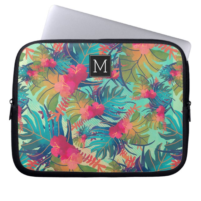 Schöne tropische Blätter Mit Monogramm Laptopschutzhülle (Vorderseite)