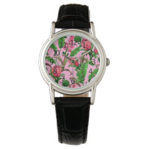 Schöne tropische grüne Blätter mit roten Blumen Armbanduhr