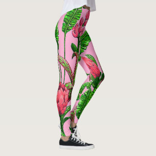 Schöne tropische grüne Blätter mit roten Blumen Leggings