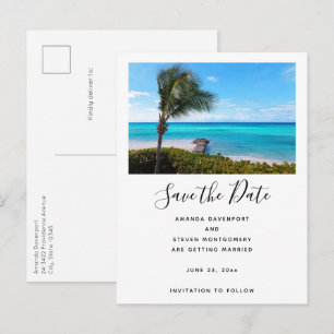 Schöne tropische Strand-Breezy-Palmbaum-Hochzeit Ankündigungspostkarte