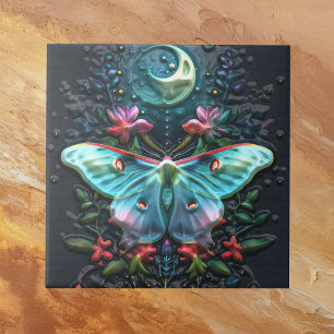Schöne Türkis-Blau-Grüne Luna-Motte Mond und Blume Fliese