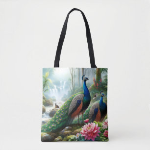 Schöne Türkisblaue Pfau mit Blumen Einkaufstasche