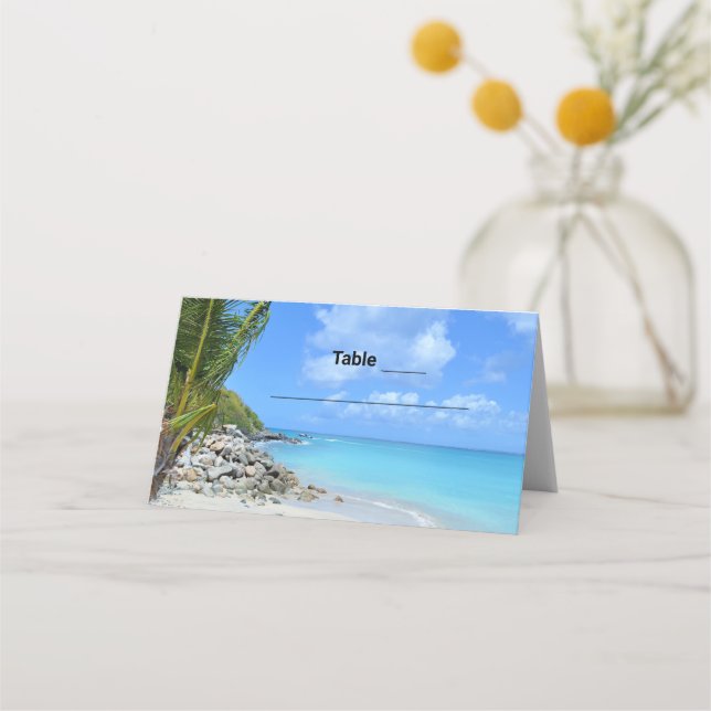 Schöne Türkisblaue Tropische Strandhochzeitstisch Platzkarte (Vorderseite)