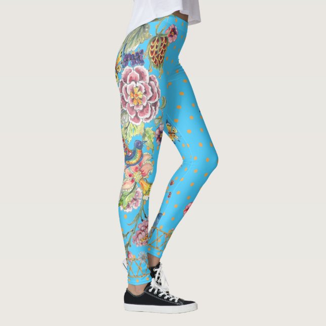 Schöne türkisfarbene Butterfly Chinoiserie Leggings (Rechts)