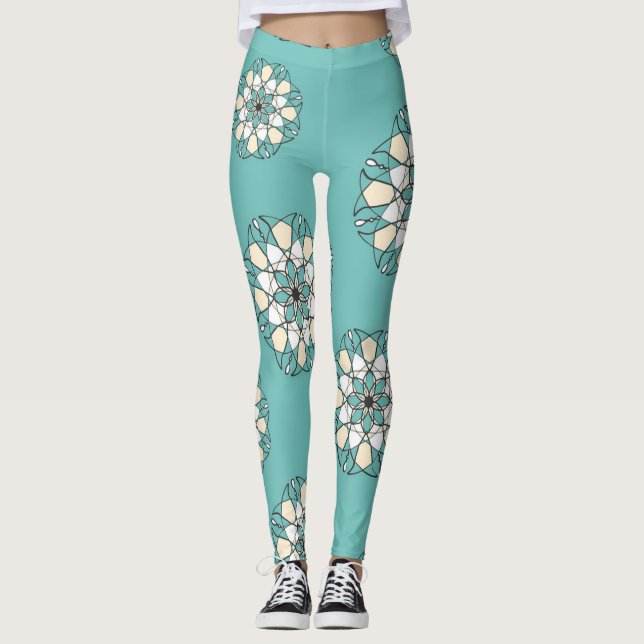 Schöne türkisfarbene große weiße Blume Leggings (Vorderseite)