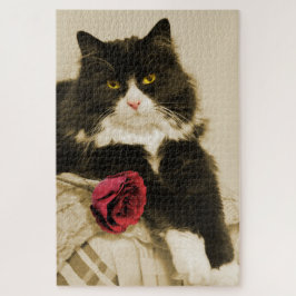 Schöne Tuxedo Katze mit Rote Rose auf Sepia Puzzle