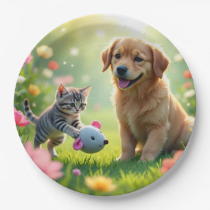 Schöne und hübsche Design-Katze und Hund auf Pappteller