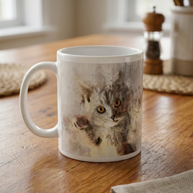 Schöne und niedliche Kätzchenfarbe Kaffeetasse (Playful Watercolor Kitten with Bright Amber Eyes. Coffee Mug)
