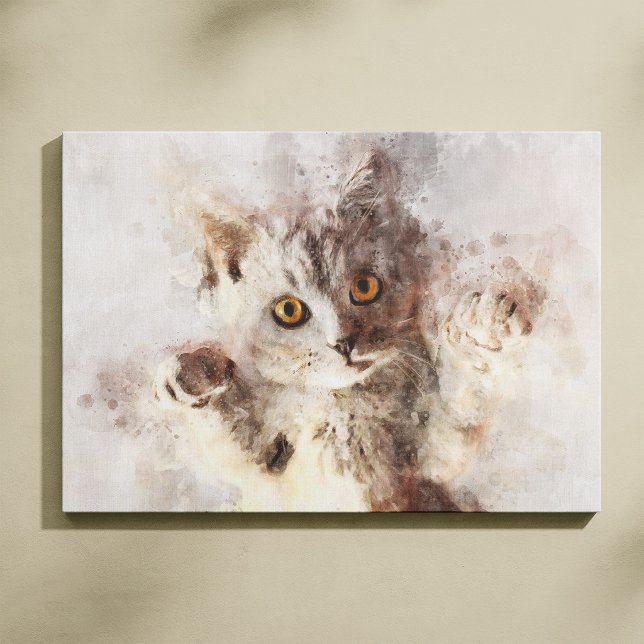 Schöne und niedliche Kätzchenfarbe Leinwanddruck (Playful Watercolor Kitten with Bright Amber Eyes. Canvas Print)