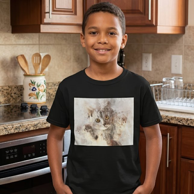 Schöne und niedliche Kätzchenfarbe T-Shirt (Playful Watercolor Kitten with Bright Amber Eyes. Boy Basic Black T-Shirt)
