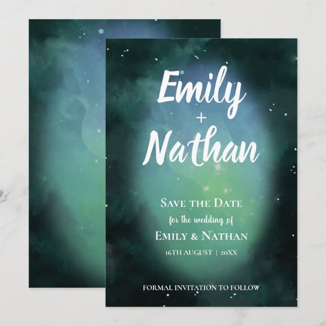 Schöne unter den STARS Grüne Typografie Hochzeit Save The Date (Vorne/Hinten)