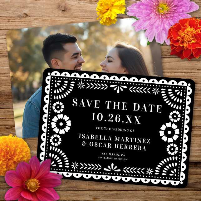 Schöne Verzierte Papel Picado Foto Black Wedding Save The Date (Von Creator hochgeladen)
