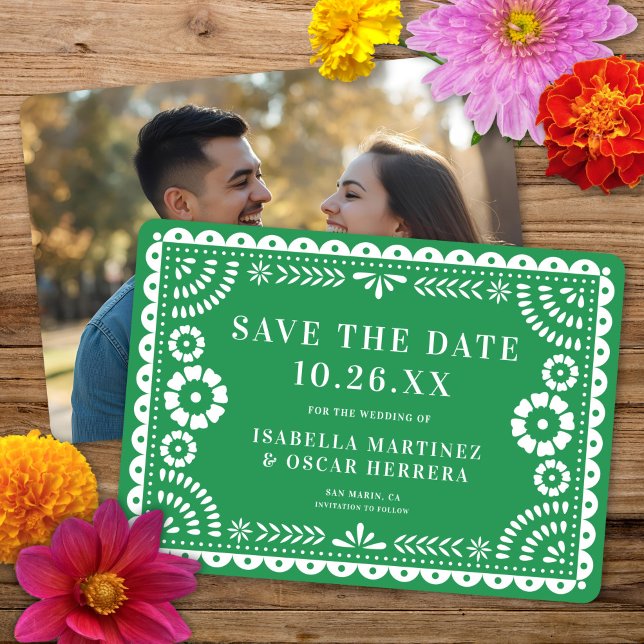 Schöne Verzierte Papel Picado Foto Grüne Hochzeit Save The Date (Von Creator hochgeladen)
