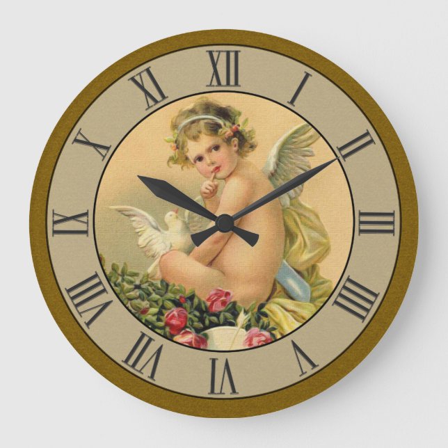 Schöne Viktorianische Cherub Angel Dove Große Wanduhr (Vorderseite)