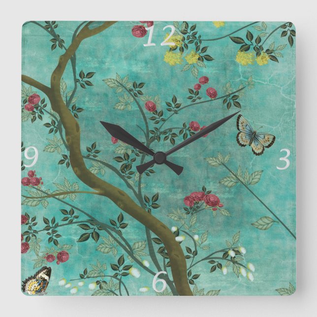 Schöne Vintage antike Blütenbaumschmetterlinge Quadratische Wanduhr (Vorderseite)