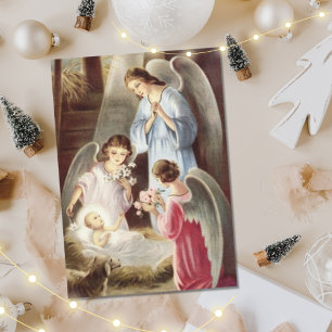 Schöne Vintage-Baby-Jesus-und-Engel-Weihnachten Feiertagskarte