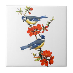 Schöne Vintage-Baumblüten rote Blumen Vögel Fliese