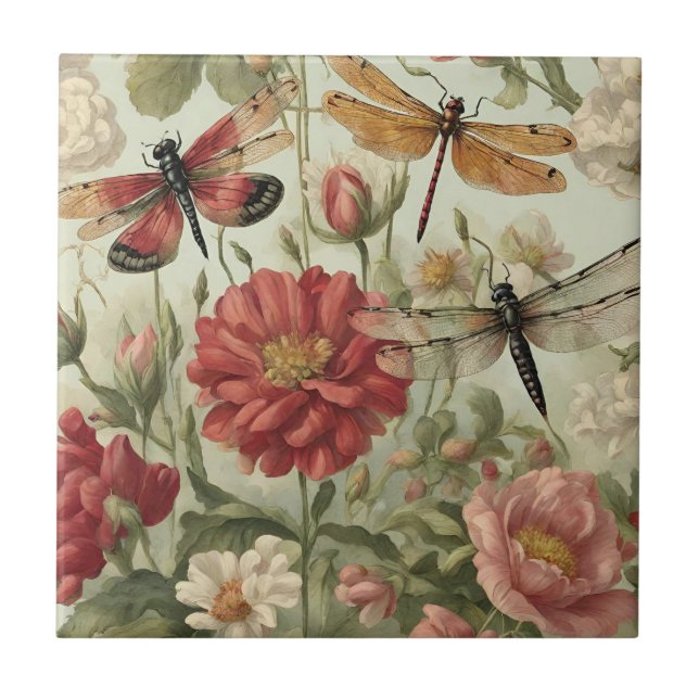 Schöne Vintage-Blumen und Libellen  Fliese (Vorderseite)