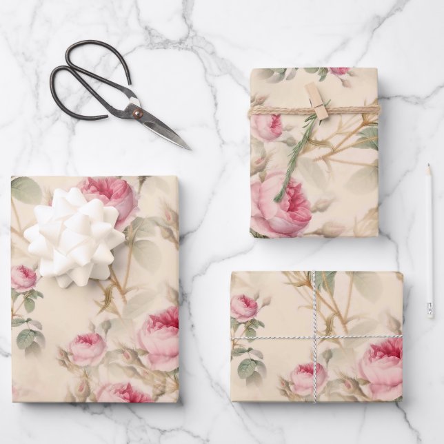 Schöne Vintage Blüte Geschenkpapier Set (Vorderseite)