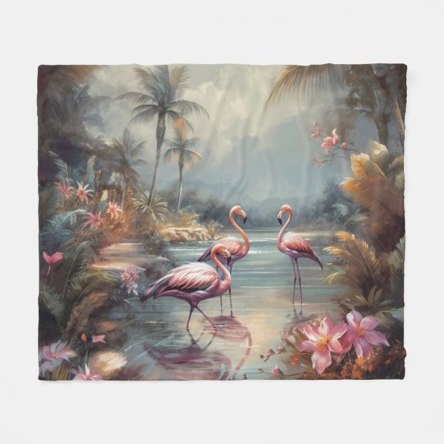 schöne Vintage botanische Gemälde Flamingos Fleecedecke (Vorderseite (Horizontal))