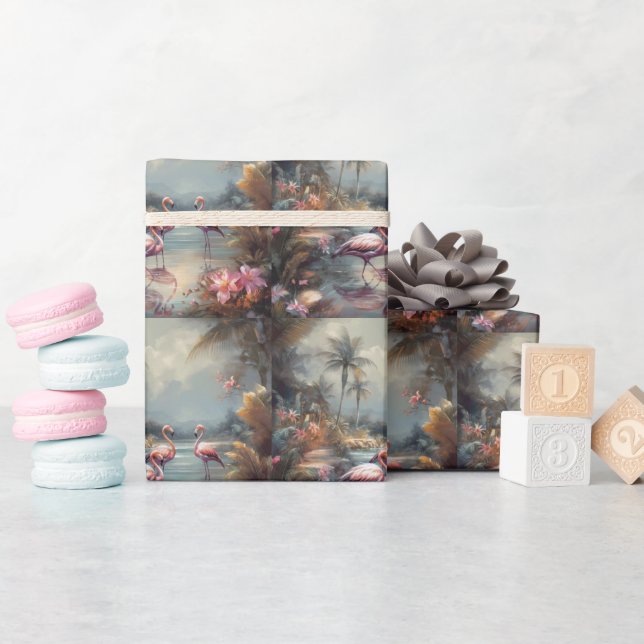 schöne Vintage botanische Gemälde Flamingos Geschenkpapier (Babyparty)