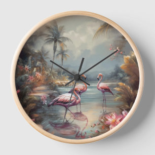 schöne Vintage botanische Gemälde Flamingos Uhr