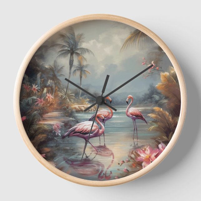 schöne Vintage botanische Gemälde Flamingos Uhr (Vorderseite)
