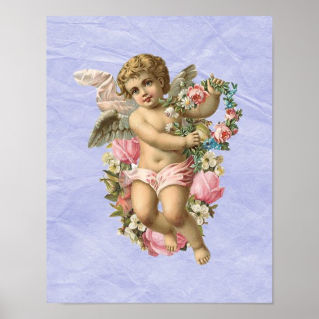 Schöne Vintage-Cherub / Engel mit Blumen Poster (Vorne)