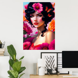 Schöne Vintage-Dame in Rot Poster
