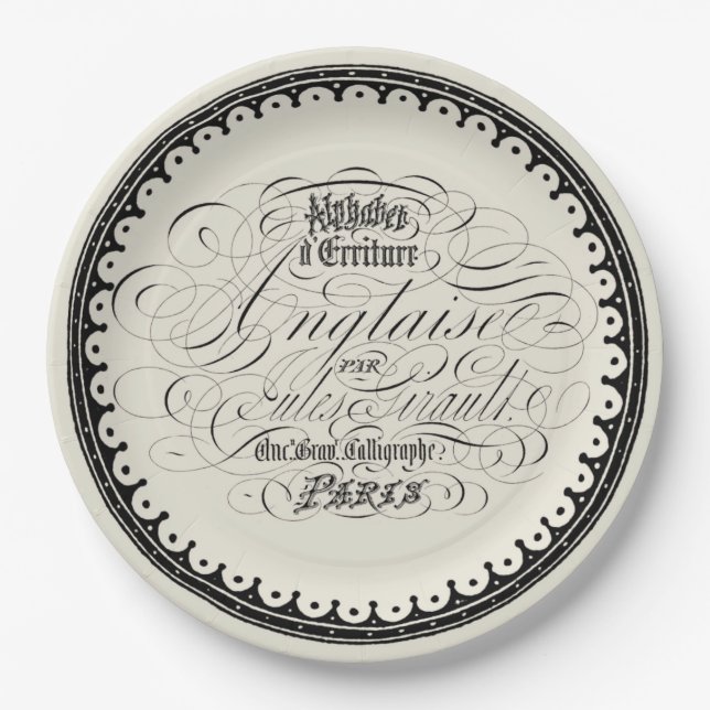 Schöne Vintage französische Kalligraphie auf Beige Pappteller (Vorderseite)